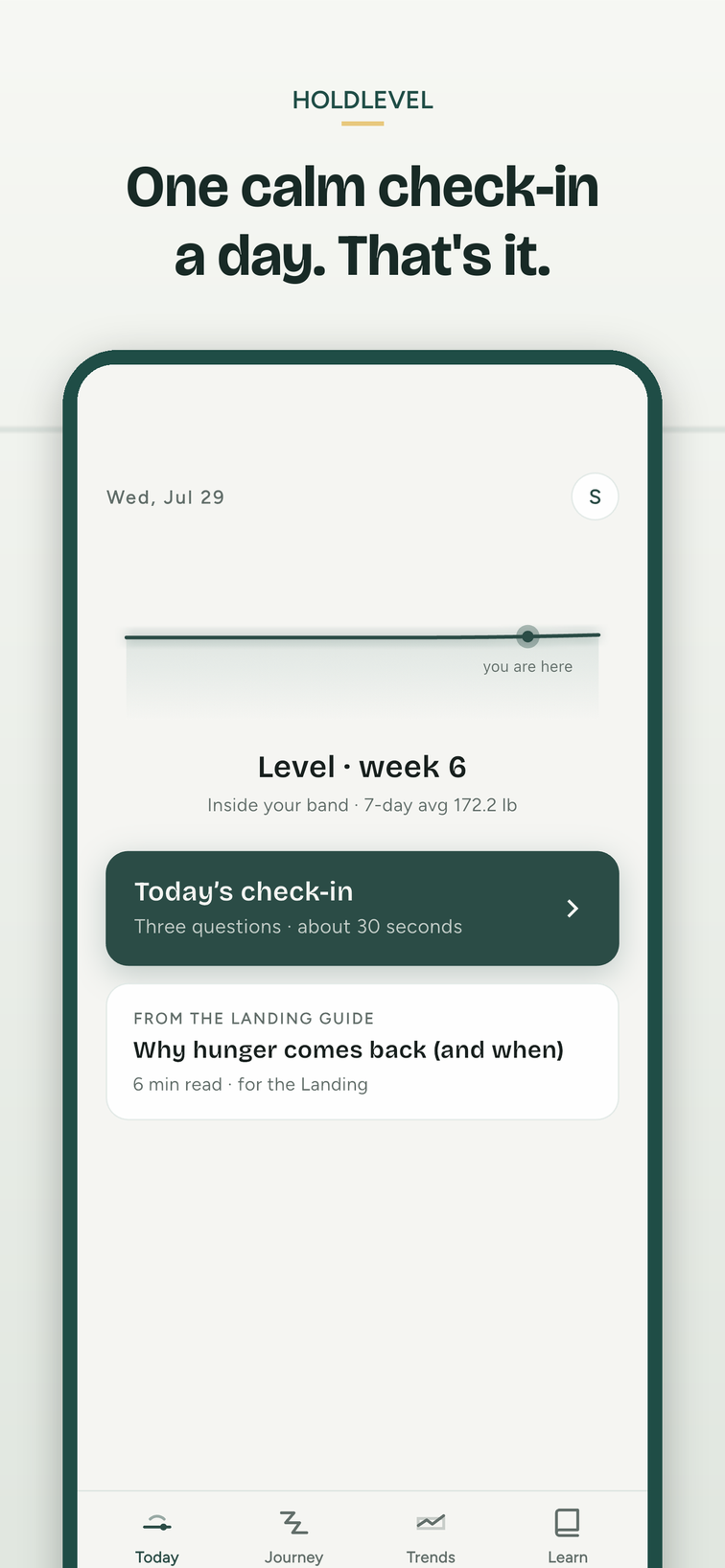Today screen — the Level Line and one calm daily check-in